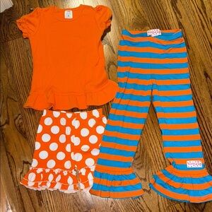 Girls size 6 set of orange tshirt and matching shorts and ruffle pants size 6